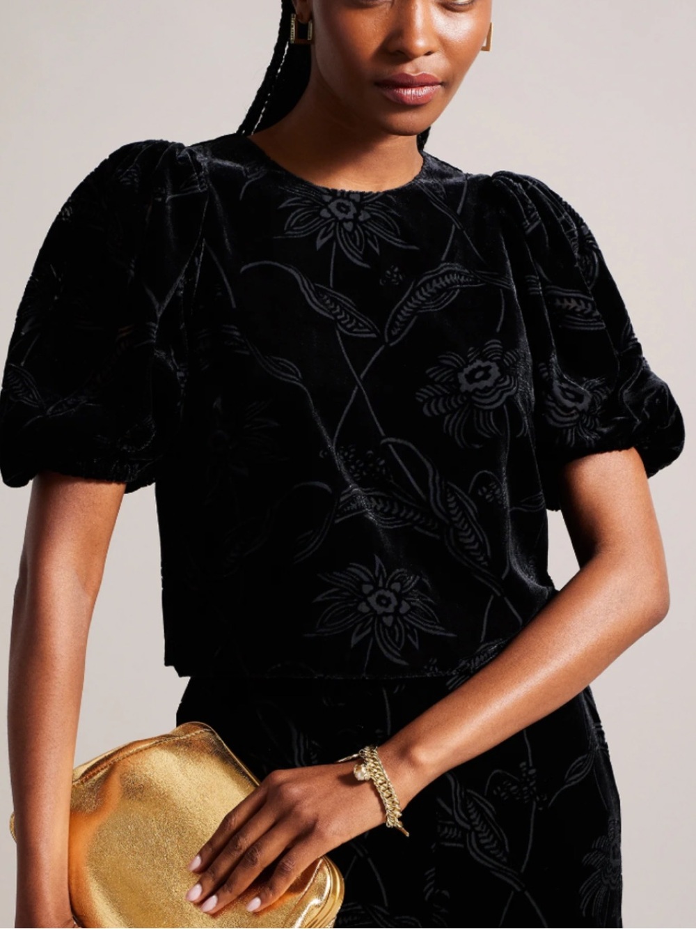 Ted Baker Black Floral Velvet Puff Sleeve Top